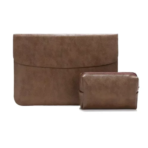 14 Inch MacBook Pouch Premium Leather Cover with Storage Bag (Dark Brown)